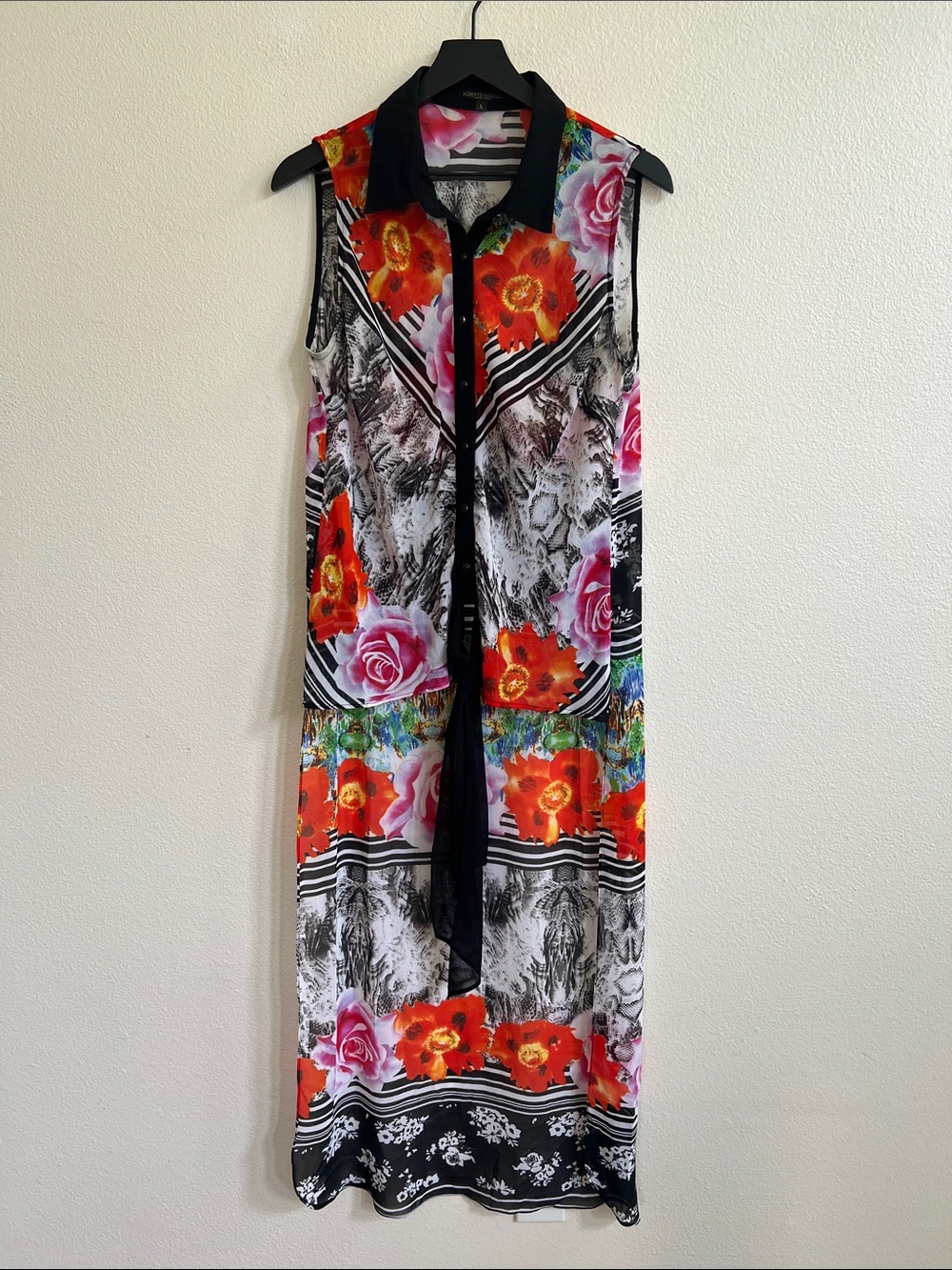 ALBERTO MAKALI Sheer Floral Sleeveless Front-Tie Button-Up Low-High Duster Top L